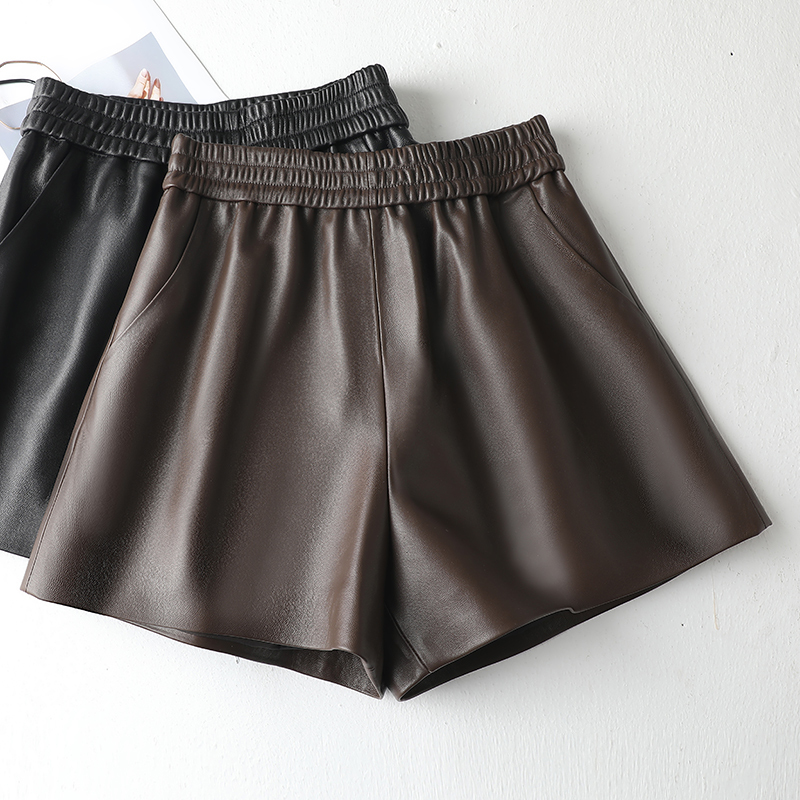 Sheepskin Leather Shorts for Women, High-Waisted A-Line Genuine Leather Shorts, Versatile, Slimming, Outerwear, Elastic Leather Pants, New Spring and Autumn Style