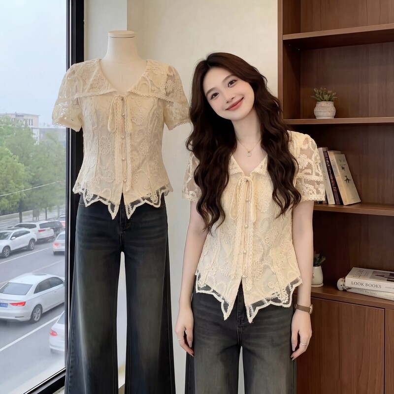 Apricot Lace Splicing V-Neck Elegant Top for Women Plus Size Fat Mm2026 Summer French Style Beautiful and Super Pretty Shirt Apricot Lace Splicing V-Neck Elegant Top for Women Plus Size Fat Mm2026 Summer French Style Beautiful and Super Pretty Shirt