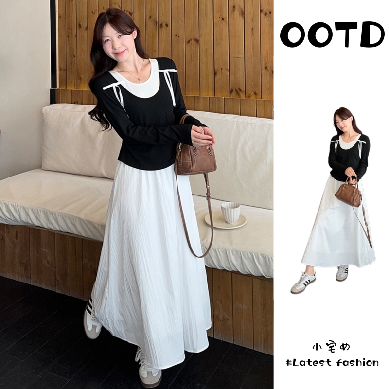 2026 Spring Hepburn-Style Elegant Outfit for Women, Plus-Size, with Bow T-Shirt and White Dress Two-Piece Set