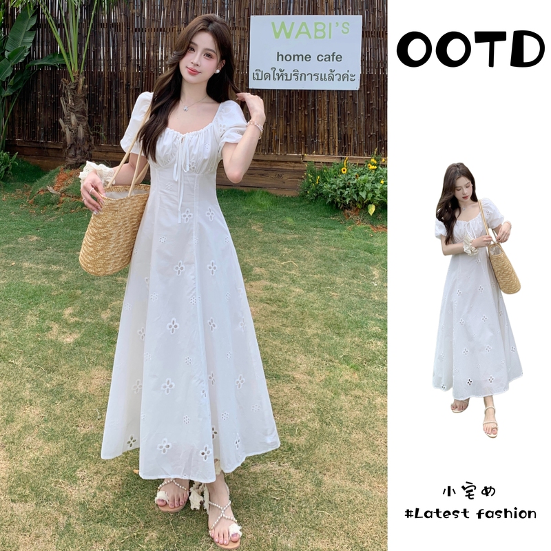 Pure White Moonlight Embroidered Hollow-Out Dress for Women, Plus Size, Summer Vacation Style, Square Neck, Waist-Cinching, Elegant Long Dress Pure White Moonlight Embroidered Hollow-Out Dress for Women, Plus Size, Summer Vacation Style, Square Neck, Waist-Cinching, Elegant Long Dress