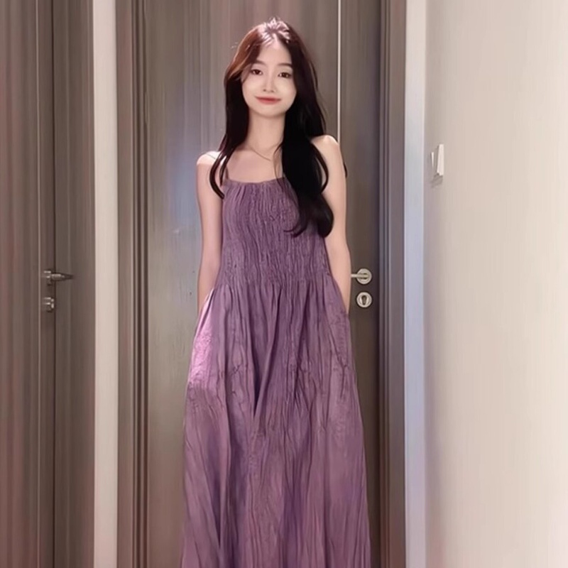 Early Autumn Pleated Tie-Dye Suspender Dress for Women, Plus Size, High-End Waist-Cinching Suspender Dress to Be Worn with a Blazer