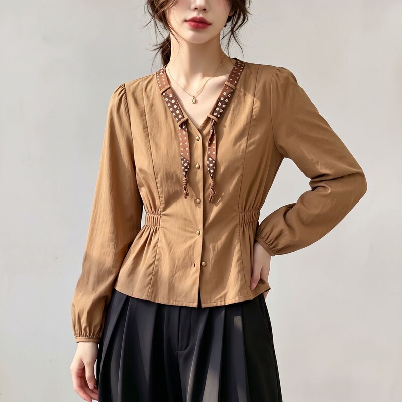 2026 Trendy Polka Dot Tie-Neck Long-Sleeve Shirt for Women, Autumn Style, Plus Size, Stylish V-Neck Top for Curvy Women
