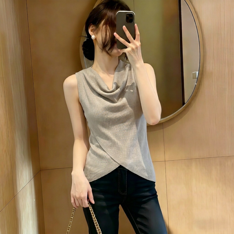 Summer French-Style Draped Collar Vest for Slightly Plump Women, Plus-Size, Elegant Sleeveless Knit Top for Outerwear