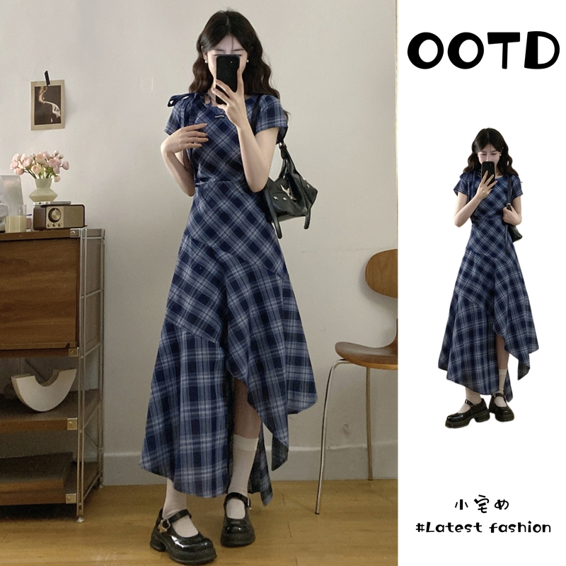Blue Plaid Asymmetrical Slimming Dress for Women 2026 Summer Plus Size Fat mm Korean Style Age-Reducing Super Pretty Long Dress