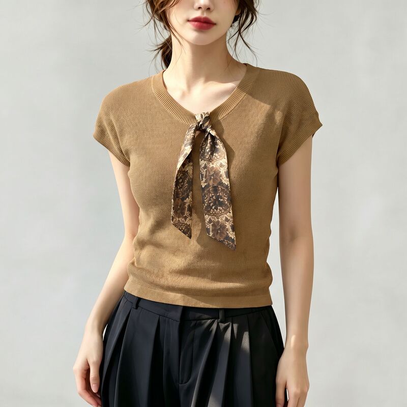 Korean-Style Niche V-Neck Silk Scarf Tie Blouse for Women, Plus-Size, Slightly Chubby Mm, Summer Mature Style, Slim-Fit, Slimming Knit Top Korean-Style Niche V-Neck Silk Scarf Tie Blouse for Women, Plus-Size, Slightly Chubby Mm, Summer Mature Style, Slim-Fit, Slimming Knit Top