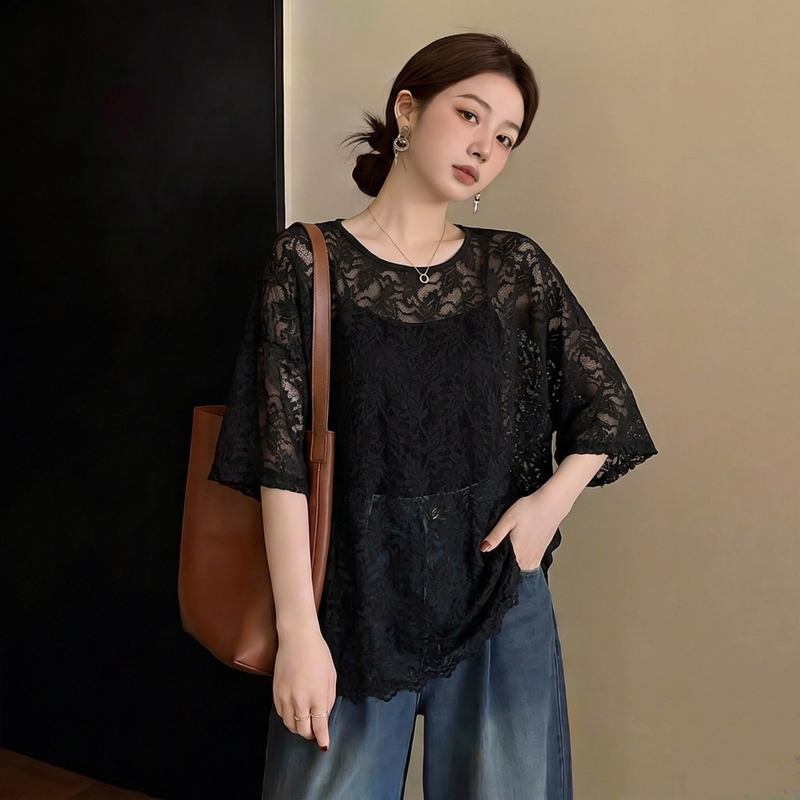 2026 Summer French Hollow-Out Solid Color Versatile Top for Women Plus Size Fat mm Light Mature Style Loose Fit Slimming Lace Blouse 2026 Summer French Hollow-Out Solid Color Versatile Top for Women Plus Size Fat mm Light Mature Style Loose Fit Slimming Lace Blouse