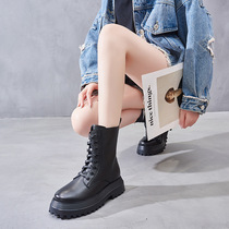 Thick-soled Martin boots womens 2022 retro British style leather round toe side zipper lace-up muffin heightened all-match boots