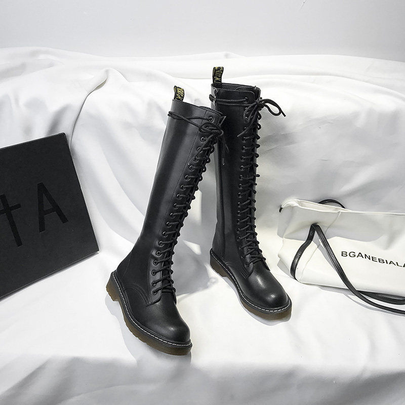 But knee boots women's 1460 high-barrel Martin boots lace up side zipper flat bottom British knee-length motorcycle riding boots