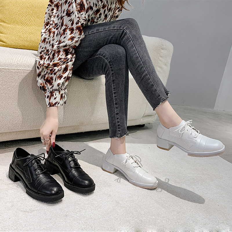 Injured Single Shoe Woman 2022 New Laces Round Head Coarse Heel Shallow Working Shoes Retro Inn College Wind Leather Shoes
