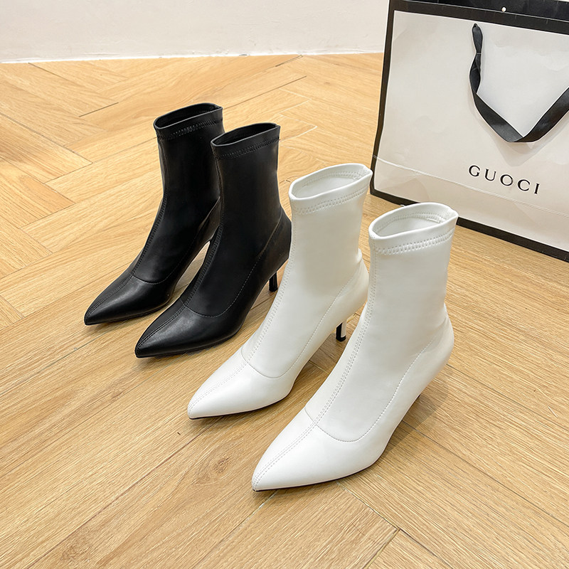 Clear Cabin Well-being Pointed High Heel Short Boots Woman White Elastic Boots Korean Version 100 Hitch Boots Nude Boots Fine Heel Slim Boots