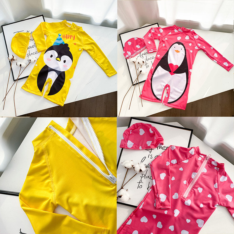 Children's swimsuit one-piece long sleeve Big Middle Small Boy Girl cute baby one-piece Sun quick dry hot spring swimsuit set