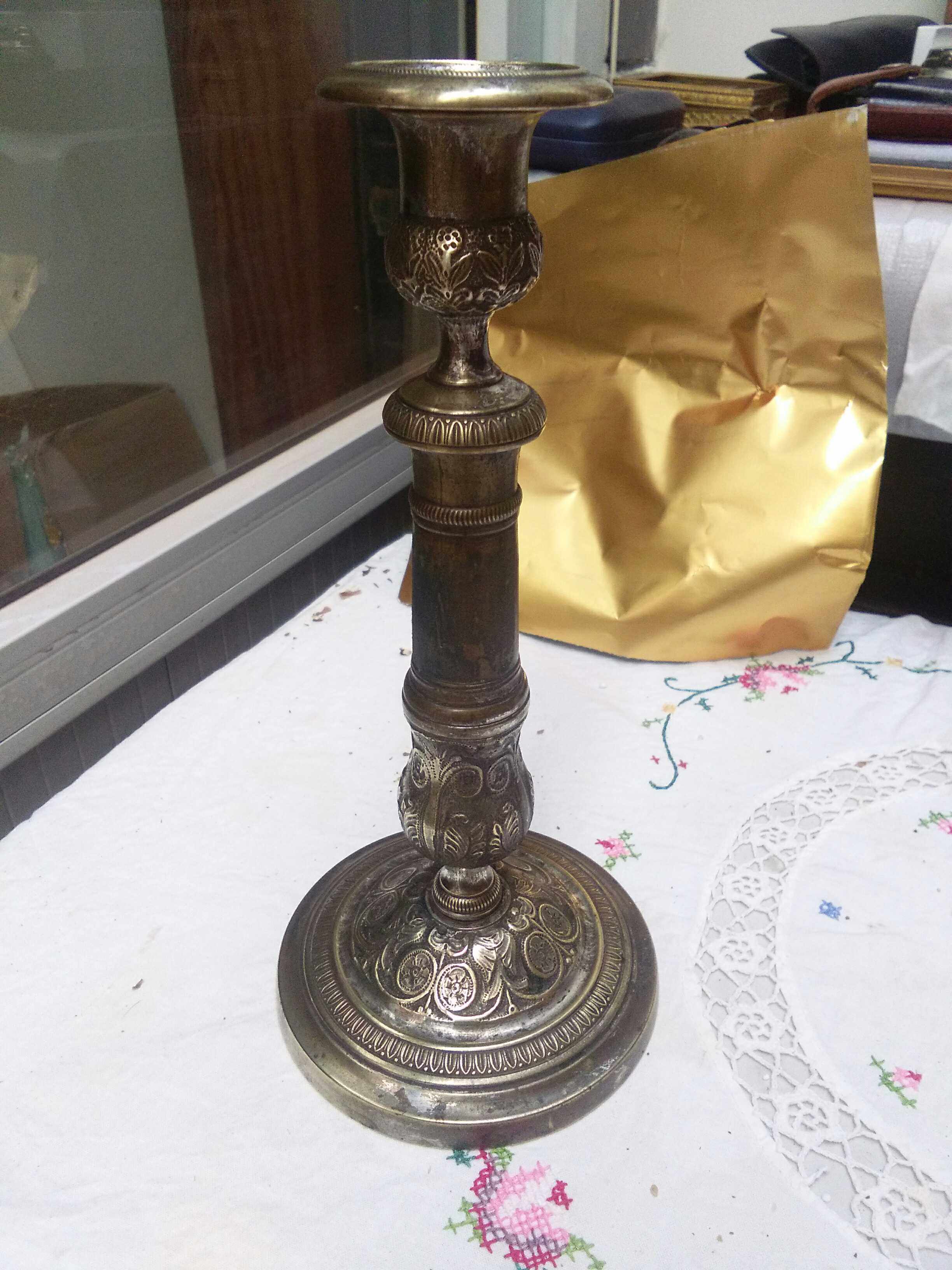 French 19th century Napoleonic Empire copper and silver plated candle holder hand-knocked