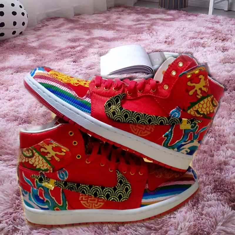 AJ1 wedding shoes red custom 21Kcustom Chinese style silk custom skin change diy private custom wedding shoes