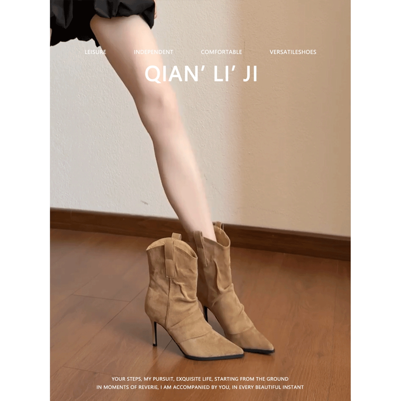 Sheepskin Version! Maillard-Style Thin High-Heeled Western Boots for Women, Suede Pointed Toe Ruched Slouch Boots, Slimming Lace-Up Ankle Boots Sheepskin Version! Maillard-Style Thin High-Heeled Western Boots for Women, Suede Pointed Toe Ruched Slouch Boots, Slimming Lace-Up Ankle Boots