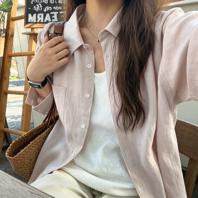Pink Linen Shirt for Women, Summer Thin Style, 2026 New Model, Sun Protection Jacket, Loose and Casual Long-Sleeve Shirt, Cotton-Linen Top