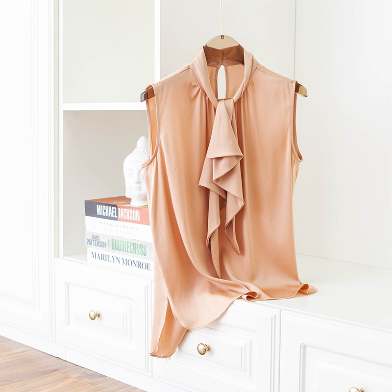 Elegant temperament knotted lotus leaf side collar elastic double joe genuine silk sleeveless shirt woman pure color blouse 22 summer new