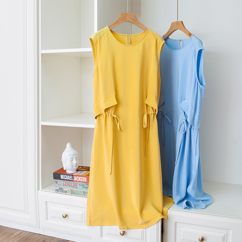 30 Mommy heavyweight silk three-dimensional flip-top drawstring tie round neck sleeveless mid-length mulberry silk dress summer