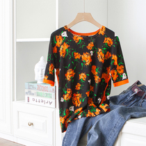 Vintage flower print comfortable and soft untie cut wool round neck short sleeve thin sweater 21 spring summer T-shirt