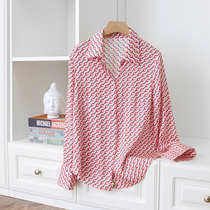 Retro sweetheart red and green geometric print stretch plain crepe satin silk fashion lapel long sleeve slim shirt spring and summer