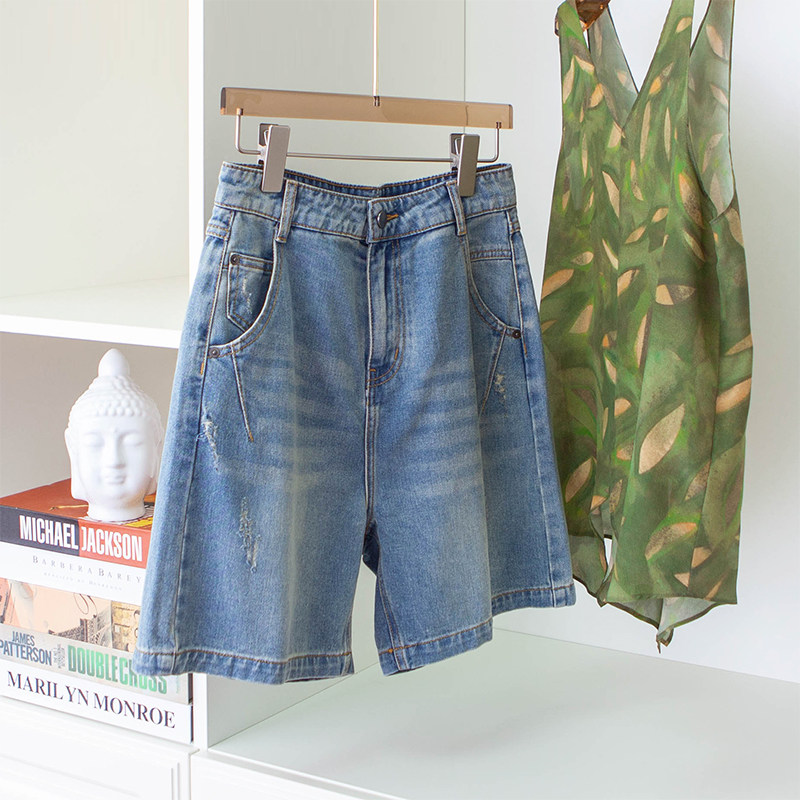 Summer all-match blue denim shorts washed old cotton high waist five-point five-point pants women 22 new beauty agency MZ