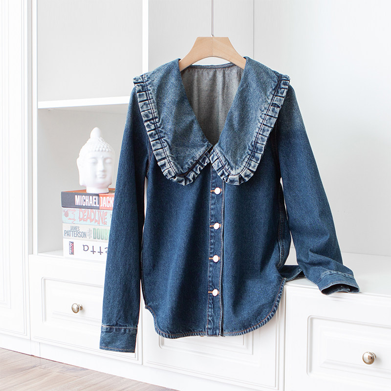 Hyperbolic styling sensation agaric lace large flap retro-washed for old blue long sleeve denim shirt female q