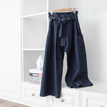 Fashion trendy loose baggy pants tie waist deep indigo blue casual jeans cropped wide-leg harem pants for women