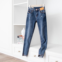 Wear chopsticks legs ~ comfortable elastic slim small feet ankle-length pants for old worn burrs blue pencil jeans