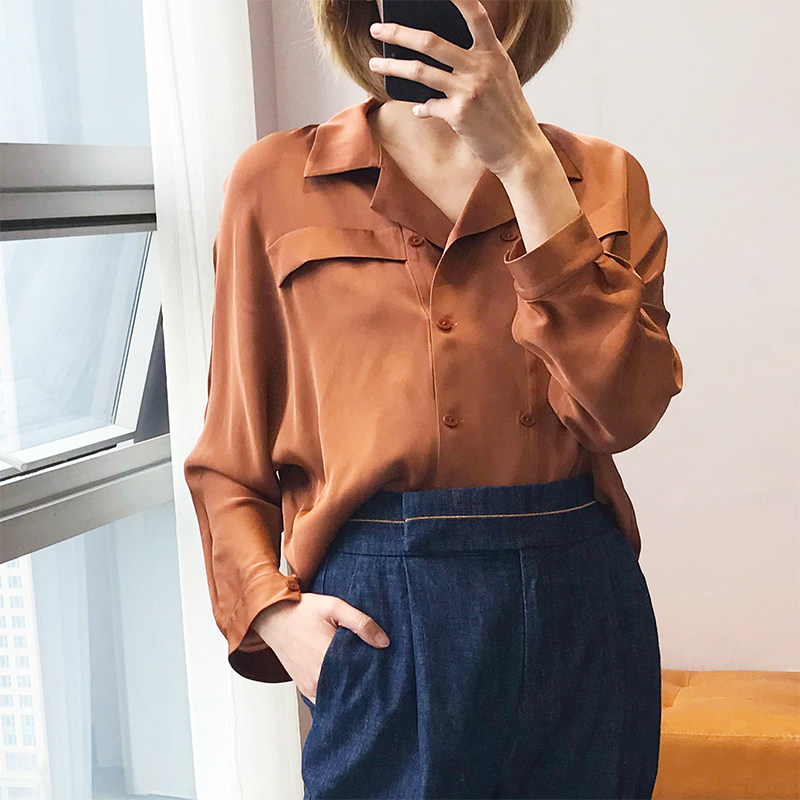 19 momme silk elastic double joe double-breasted suit collar white loose shirt women caramel shirt x