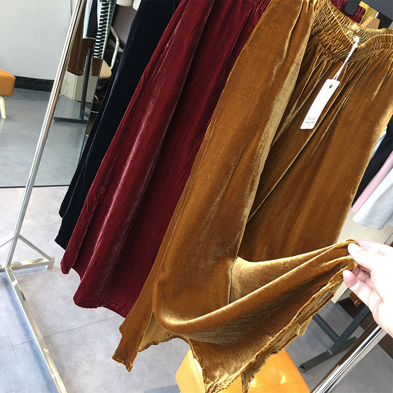 Good goods only a few pieces Gorgeous retro silk velvet comfortable elastic waist side slits mid-length over-the-knee skirt q