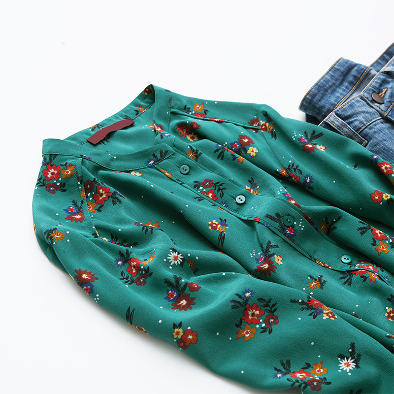 Meishejia French retro green small floral temperament stand-up collar soft waxy printed crepe de chine silk long-sleeved shirt for women