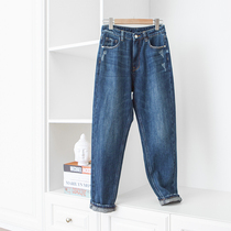 Simple and easy to wear washed and worn out dark blue loose tapered casual jeans daddy pants 22 spring and summer