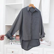 Free loose bat sleeve big profile refreshing dyed plaid lapel front short back long cotton shirt women 21 Spring