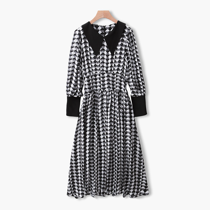 Retro Hepburn Exaggerated Large Turnover Black & White Geometric Printed Collection Waist Large Umbrella Swing Lantern Cuff Real Silk Dress H