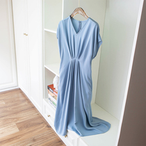 Elegant explicit temperament brief Pleated Cashew Cashew Slim V collar Small sleeves soft slip Genuine Silk Satin Dress 22 Summer