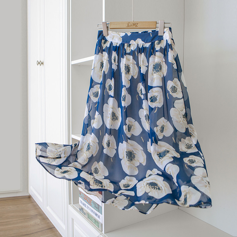 Romantic elegant flower printed flower fluttering and clear filament high loose waist A - word cross - knee skirt 23 spring and summer
