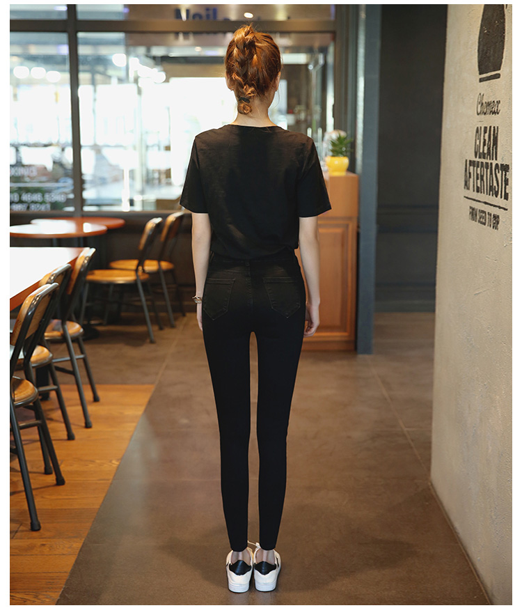 Quần jeans đen nữ xuân hè 2018 mới eo cao bó sát chín điểm Phiên bản Hàn Quốc cỡ lớn là quần lửng đế xuồng. áo voan kiểu