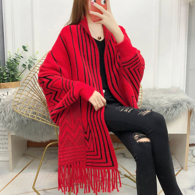 Autumn and winter cloak shawl sweater women's mid-length imitation mink velvet tassel bat style wearable knitted cardigan