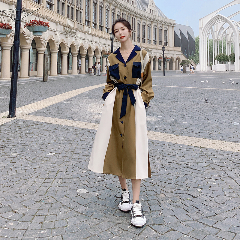 French Hepburn Style Color-Blocked Shirt Dress for Women, Spring 2026 New Vintage Design Long Dress