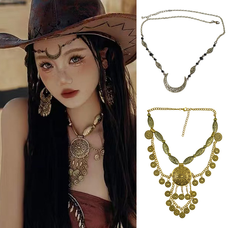 Exotic Dunhuang travel photography, collarbone necklace, Western cowboy design, forehead ornament, ethnic tassel earrings