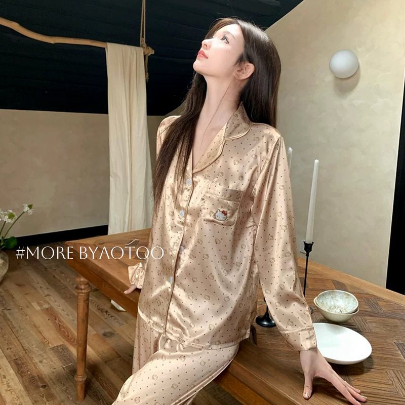 Ice Silk Pajamas for Women, Spring and Autumn 2026 New Style, Long-Sleeved, Long Pants, Cute Cartoon Cat, Can Be Worn Outside, Home Wear Set