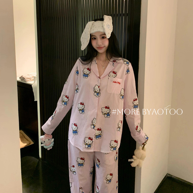 Ice Silk Pajamas for Women, Spring and Autumn, High-End Satin Long-Sleeved, Can Be Worn Outside, Loose-Fitting Set, Cute Cartoon Cat Loungewear