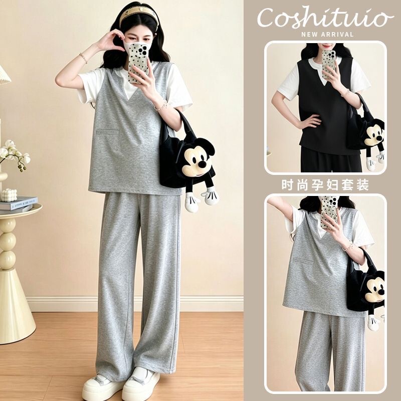 Maternity Fashion Set Summer Loose Fit Belly-Covering Two-Piece Top Short-Sleeve Belly Support Pants Two-Piece Set 2026 New Style