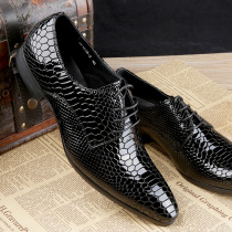 Trendy cool lizard snake embossed super pointed head tide Korean mens leather shoes wine red lacquer bright leather show wedding photos