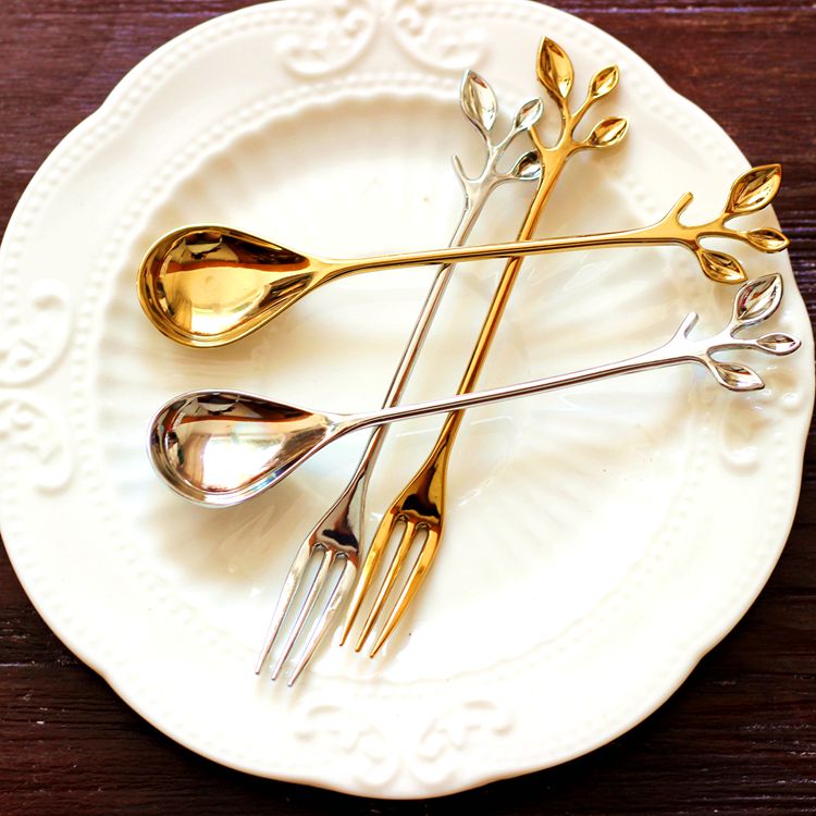 Two Nordic Superb Gold Leaf Spoon Silver Coffee Spoon Dessert Fruit Cake Fork