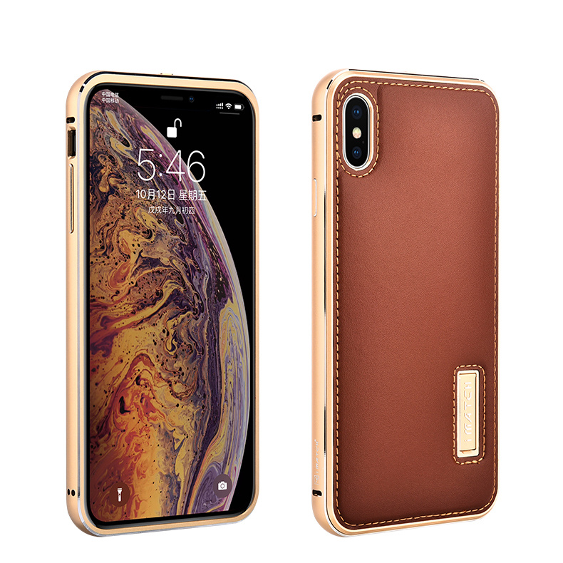 iMatch Luxury Aluminum Metal Bumper Premium Genuine Leather Back Cover Case for Apple iPhone XS Max