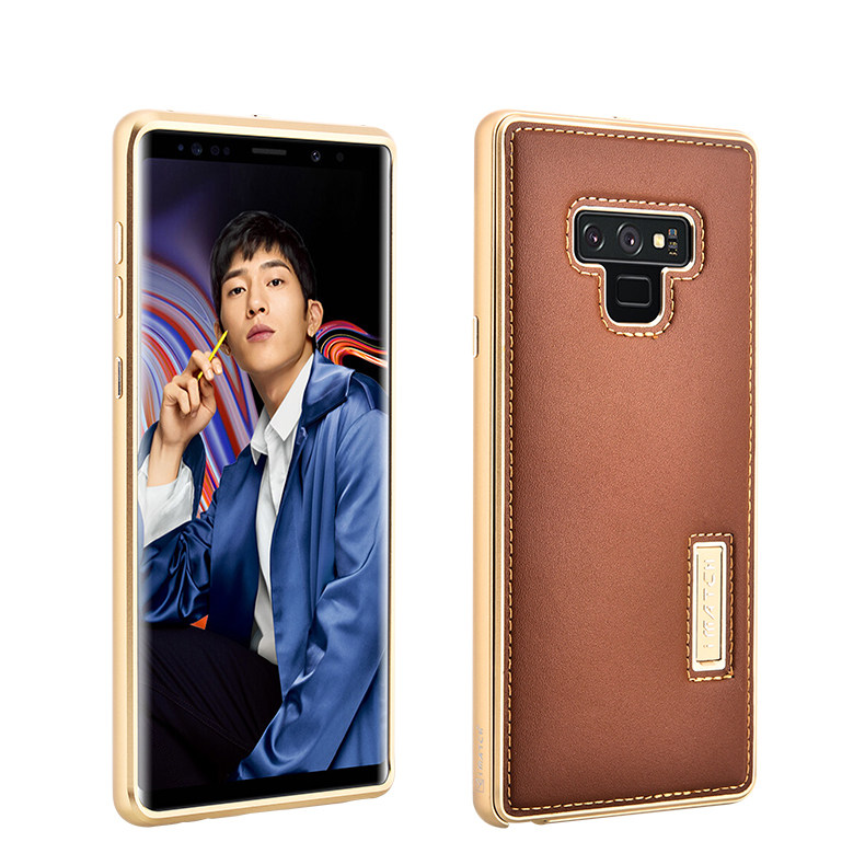 iMatch Luxury Aluminum Metal Bumper Premium Genuine Leather Back Cover Case for Samsung Galaxy Note 9