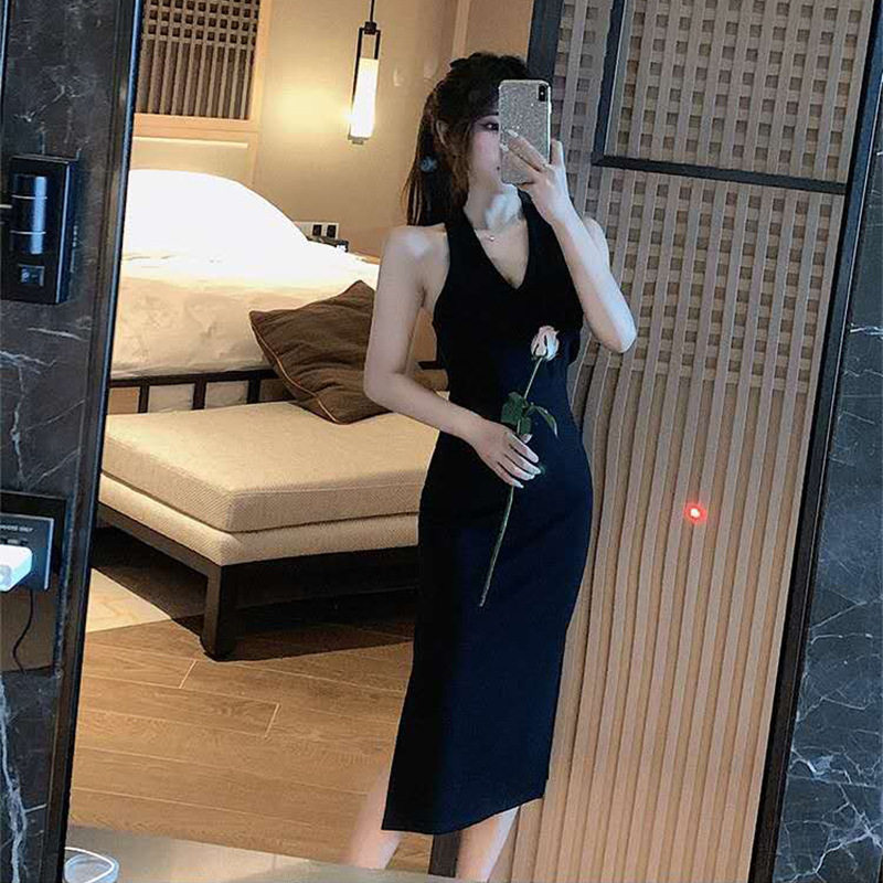 Summer fashion reduced age collection waist display slim pack arm foreign dress light and sister goddess Fan sexy hanging neck V collar skirt