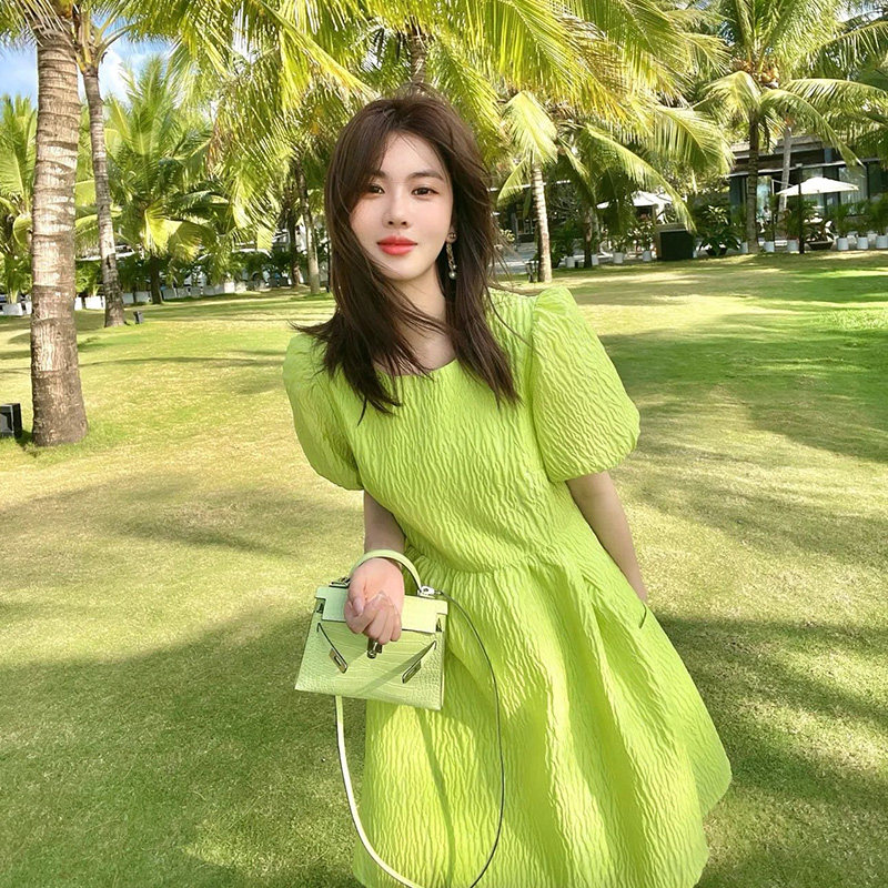 Law-Style First Love Balloon Flower Advanced Sensation Bubble Sleeves Fluffy Skirt Summer Mori Department Fashion Minus-Age Fluorescent Green Ocean Dress