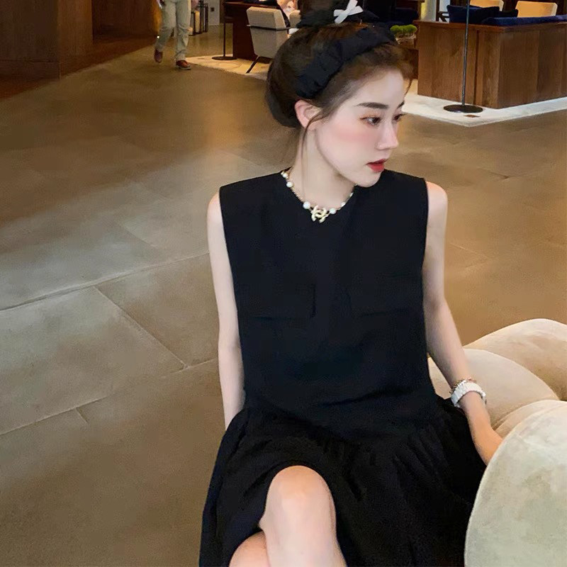 European Station Fashion Less-age small sub-sleeveless Summer Yanist with little fragrant wind goddess Fan A character dress