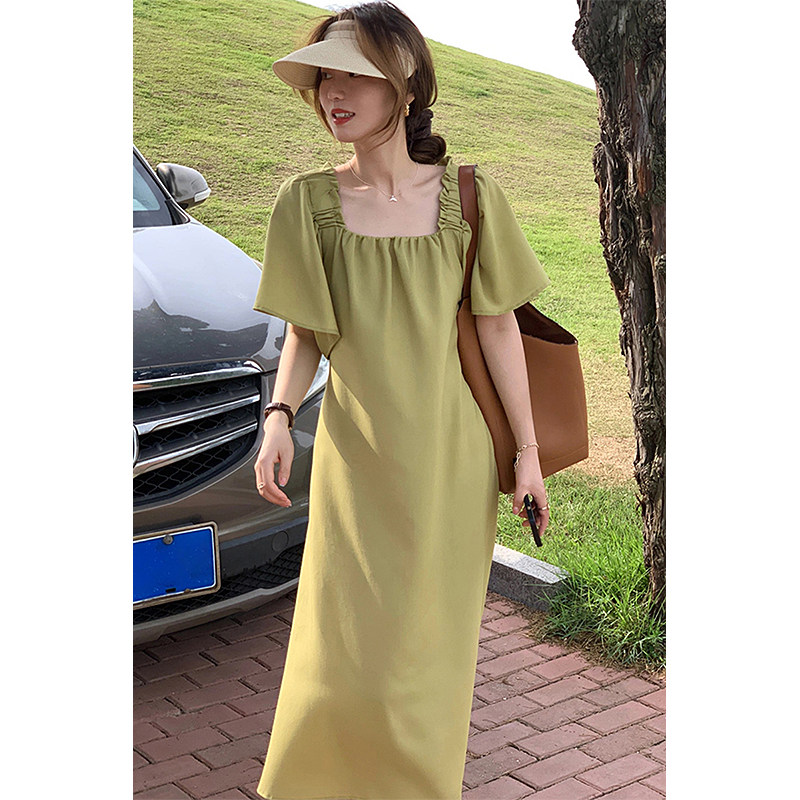 Small crowdpure color gentle small sub Superior pleated design sensuo Summer Mori Department Balloon Flower Super Fairy long dresses